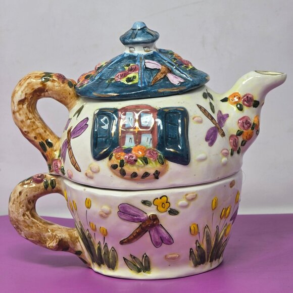 vintage Hand-Painted Ceramic Cottage Style Dragonfly Teapot & Cup Set With Lid - Picture 3 of 14